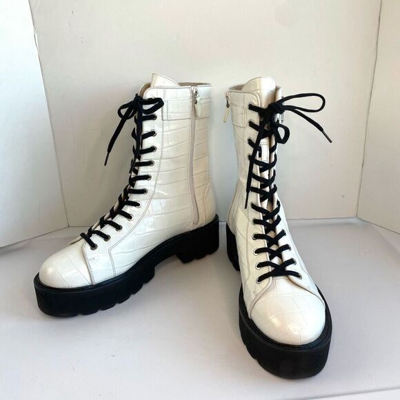 Stuart Weitzman Women’s 11 White Leather Combat & Lace-up Boots Platform Croc - Picture 1 of 15